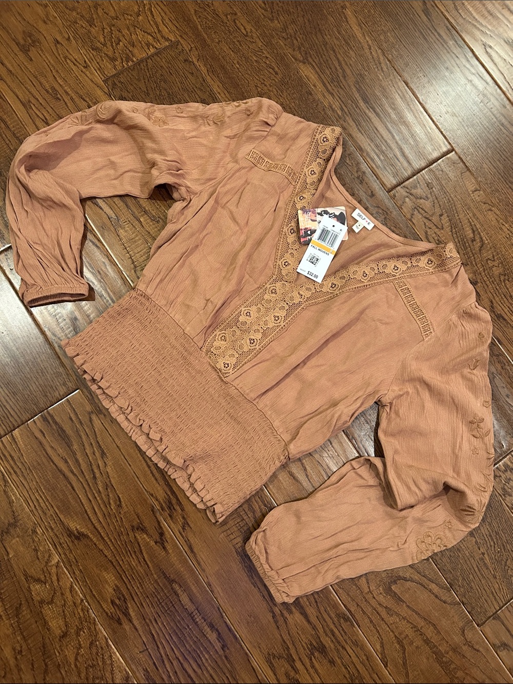 Self E Brown/Rust Lace-Trim V-Neck Blouse